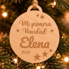 Bola de Navidad de madera grabada y personalizada con nombre - Mi primera Navidad