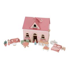 Casa de muñecas de madera con muebles rosa portátil - Little Dutch