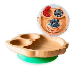 Plato búho con ventosa verde - Madera de Bambú - Eco Rascals