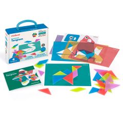 Set de 4 tangrams de colores translúcidos y tarjetas de actividades - Miniland
