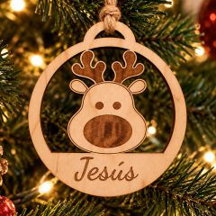 Bola de Navidad de madera grabada y personalizada con nombre - Cara de reno