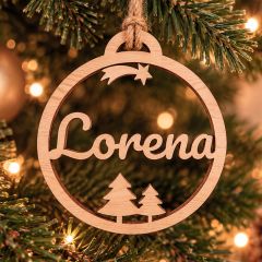 Bola de Navidad de madera personalizada con nombre - Estrella fugaz y árboles