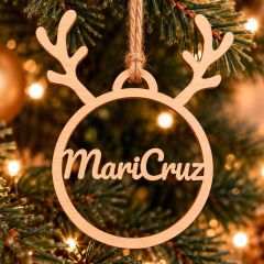 Bola de Navidad de madera personalizada con nombre - Cuernos de reno