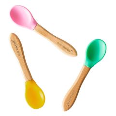 Cucharas de silicona rosa, amarilla y verde (3) - Madera de Bambú - Eco Rascals